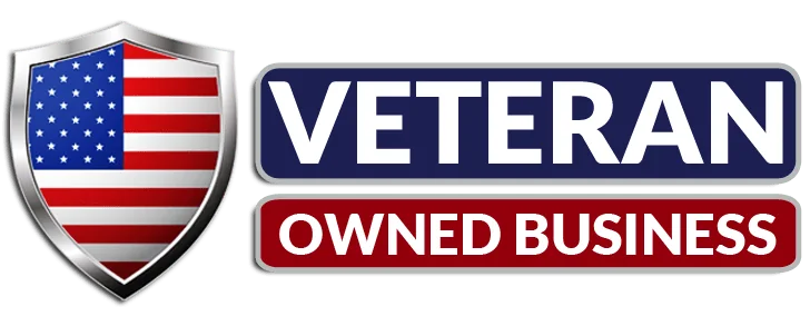 Shield with American flag next to text reading 'VETERAN OWNED BUSINESS' in bold letters.