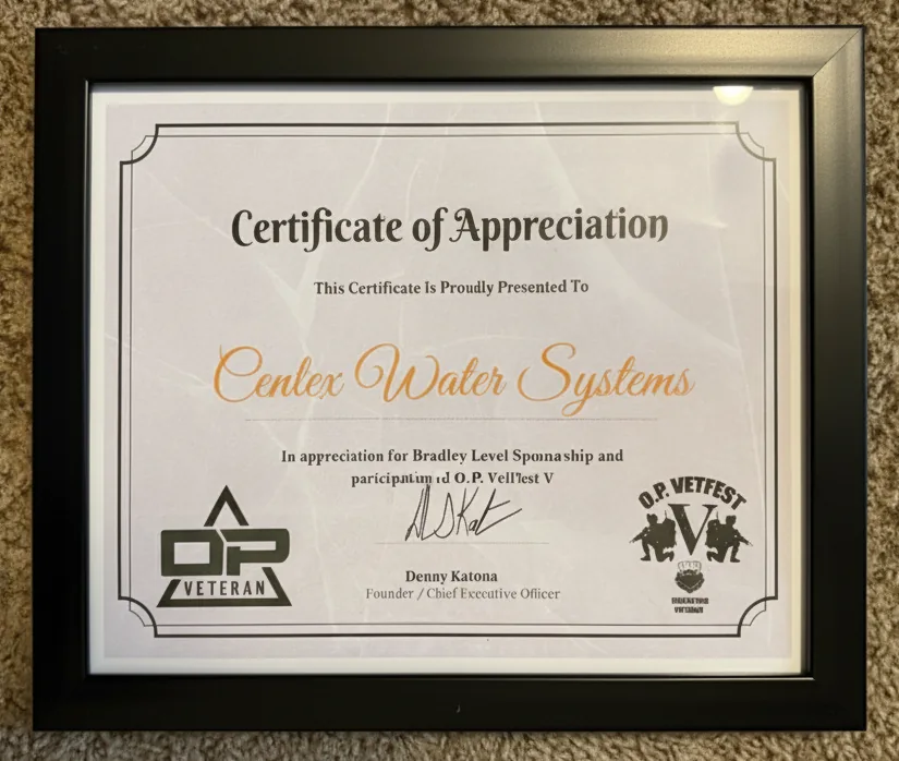 Framed Certificate of Appreciation awarded to Cenlex Water Systems for Bradley Level Sponsorship and participation in O.P. VetFest V, signed by Denny Katona, Founder and CEO.