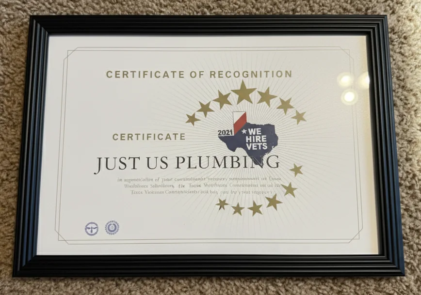 Framed certificate of recognition awarded to Just Us Plumbing with a 'We Hire Vets' logo featuring Texas and gold stars surrounding it.