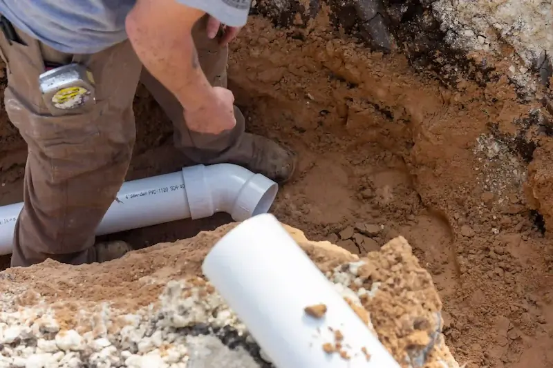 Man wearing a cap and tattoos working on outdoor pipe plumbing in a dirt trench next to greenery.