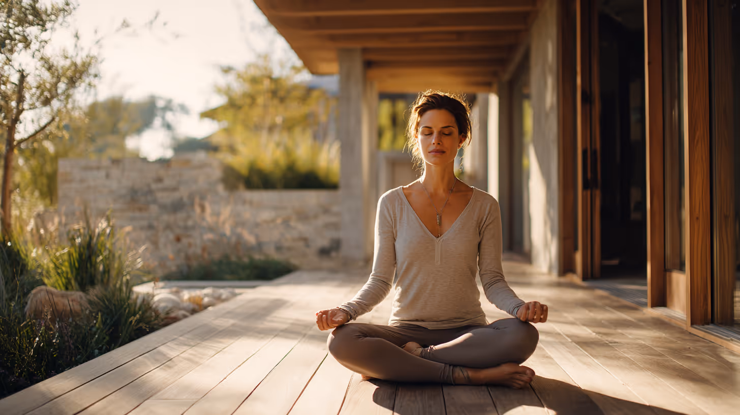 Woman practicing mindfulness on a sunny patio, representing integrative cellular wellness and mind-body harmony