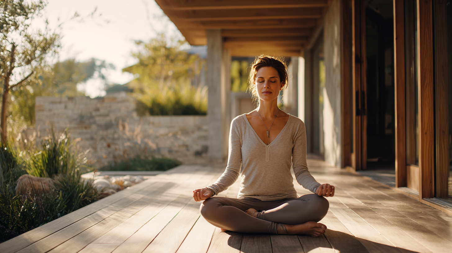 Woman practicing mindfulness on a sunny patio, representing integrative cellular wellness and mind-body harmony