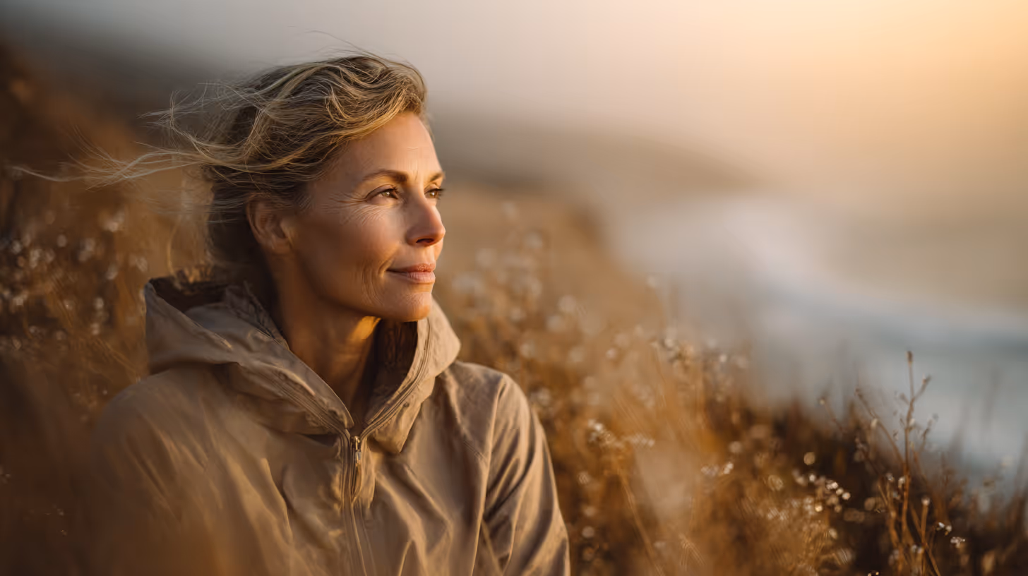 Mature woman in warm light outdoors, symbolizing longevity and cellular aging wellness strategies
