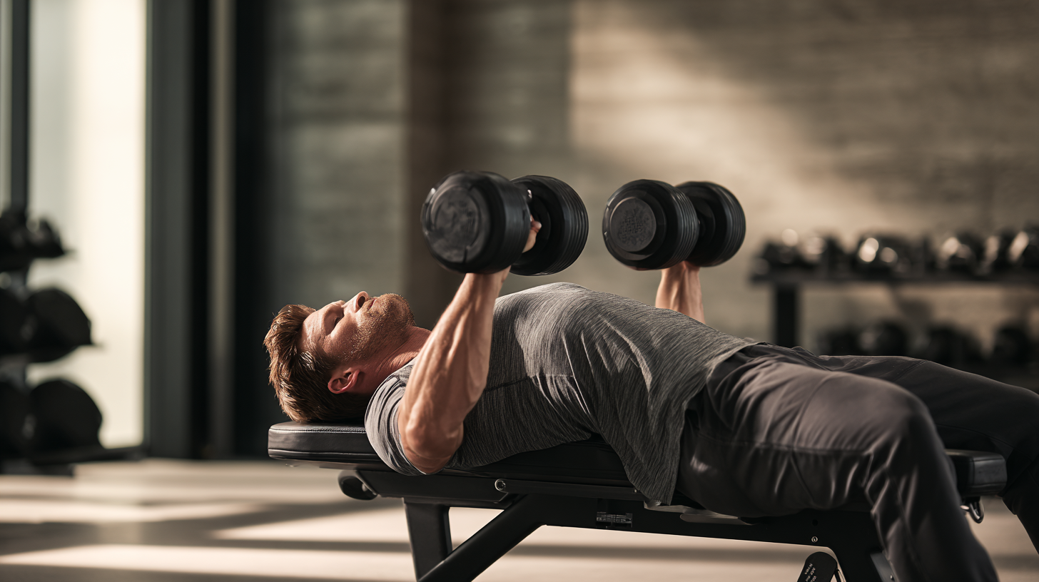 Man lifting dumbbells on a bench in a gym environment, illustrating therapeutic peptides for physical performance