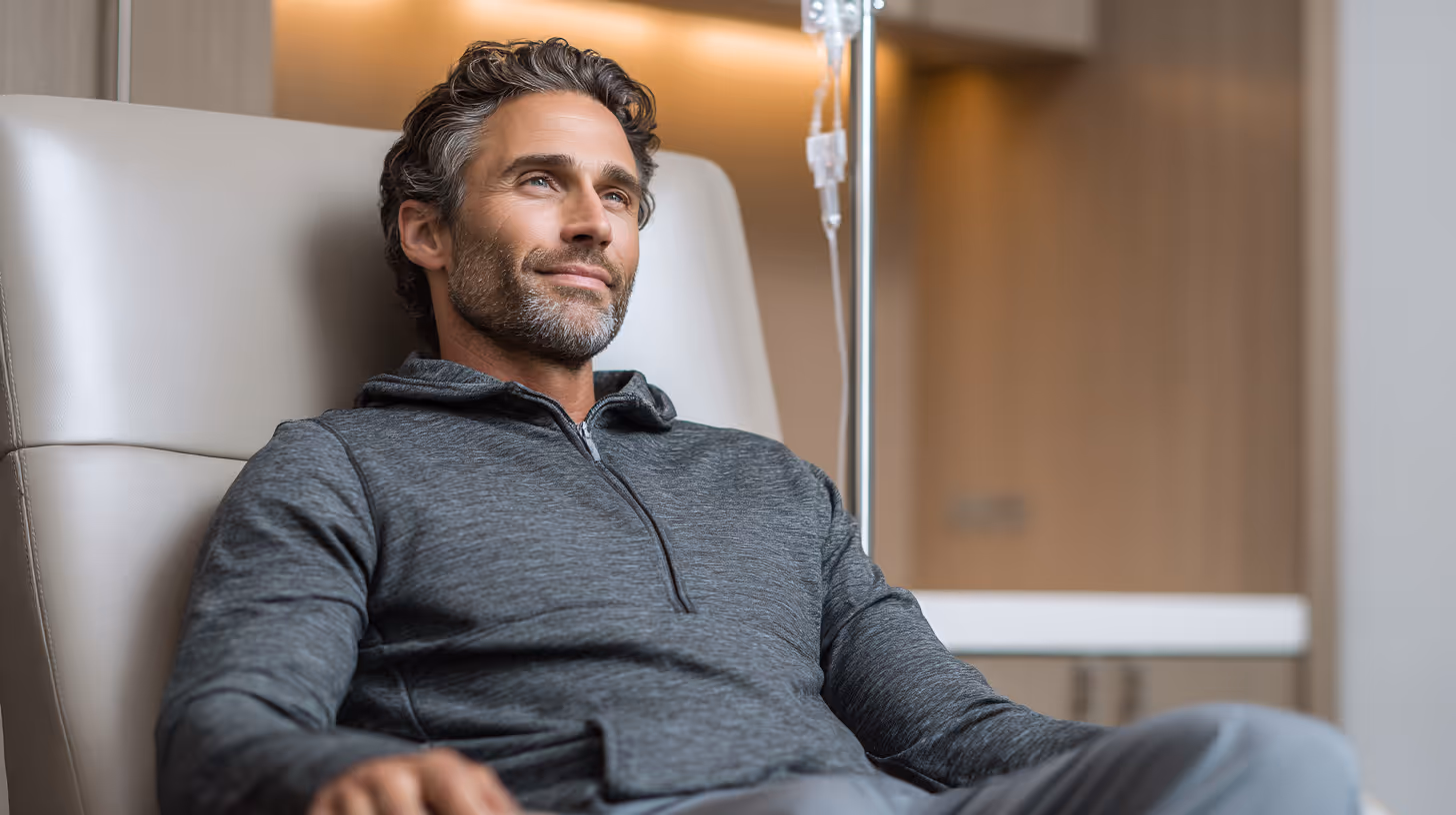 Confident man receiving IV therapy, representing peptide-based precision care for future-focused wellness