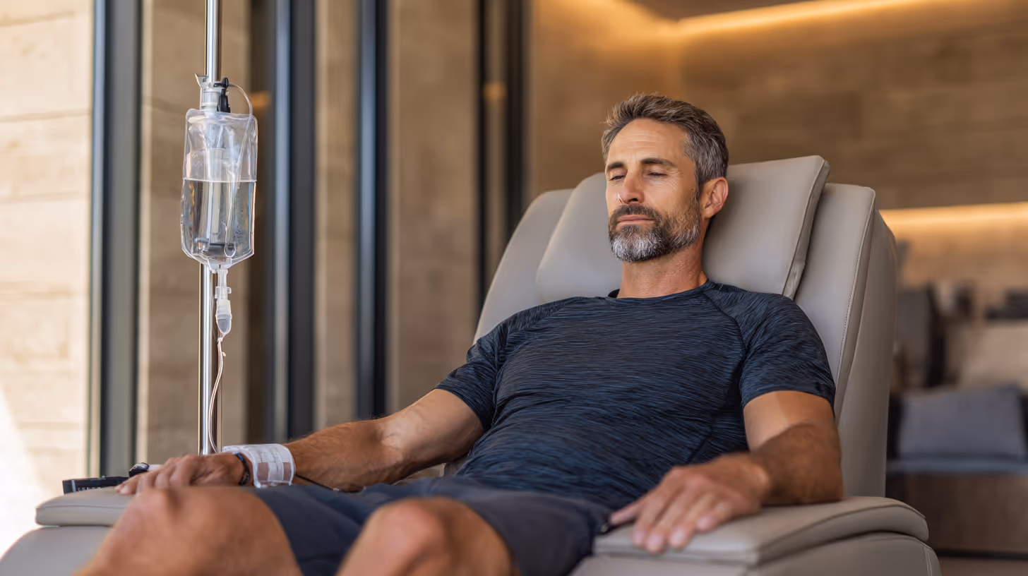 Man seated in a modern clinic chair receiving IV therapy, representing athletic recovery through precision medicine