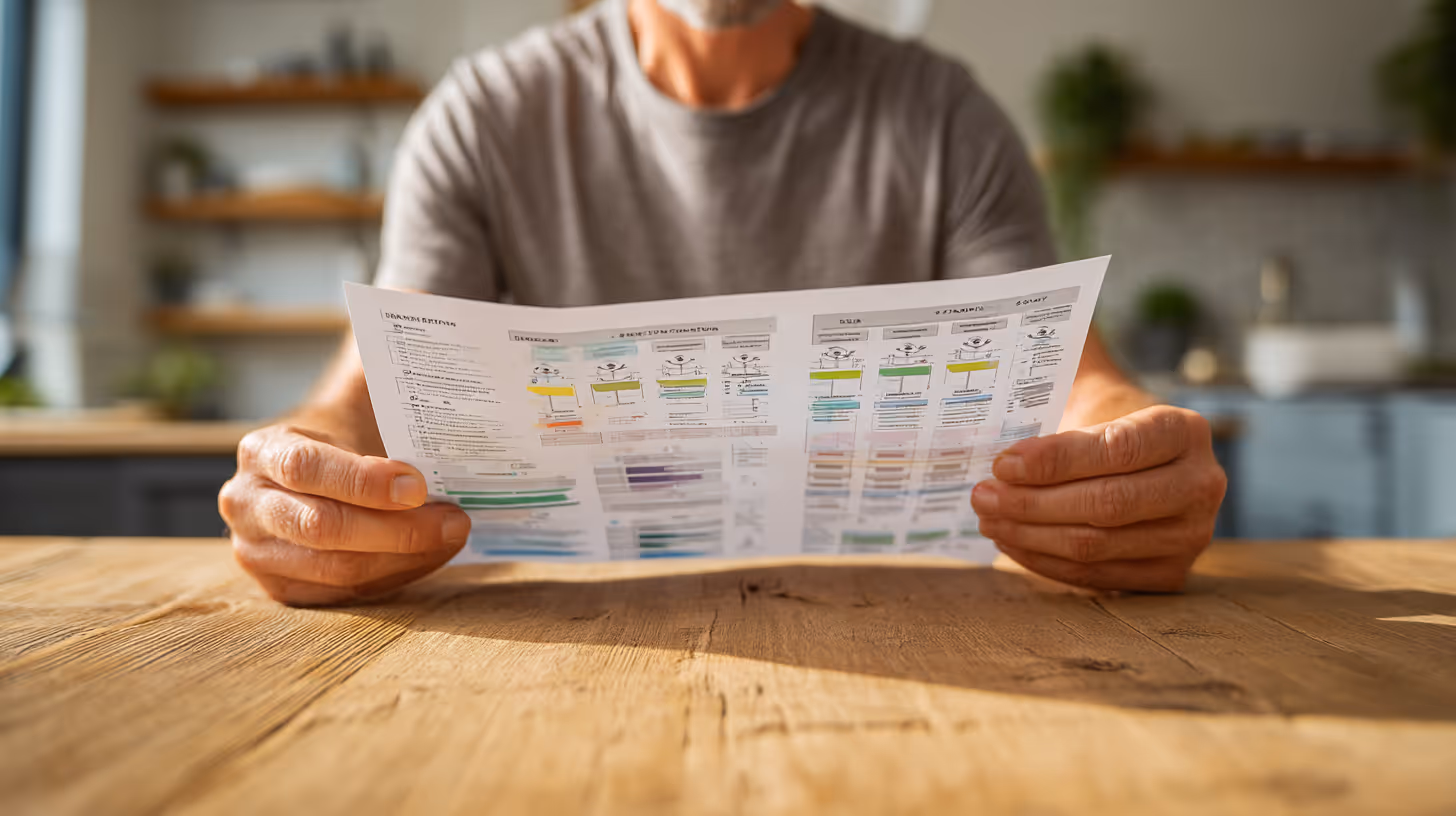 Man analyzing personalized health report at table, highlighting DNA-based wellness and bio-individual strategy