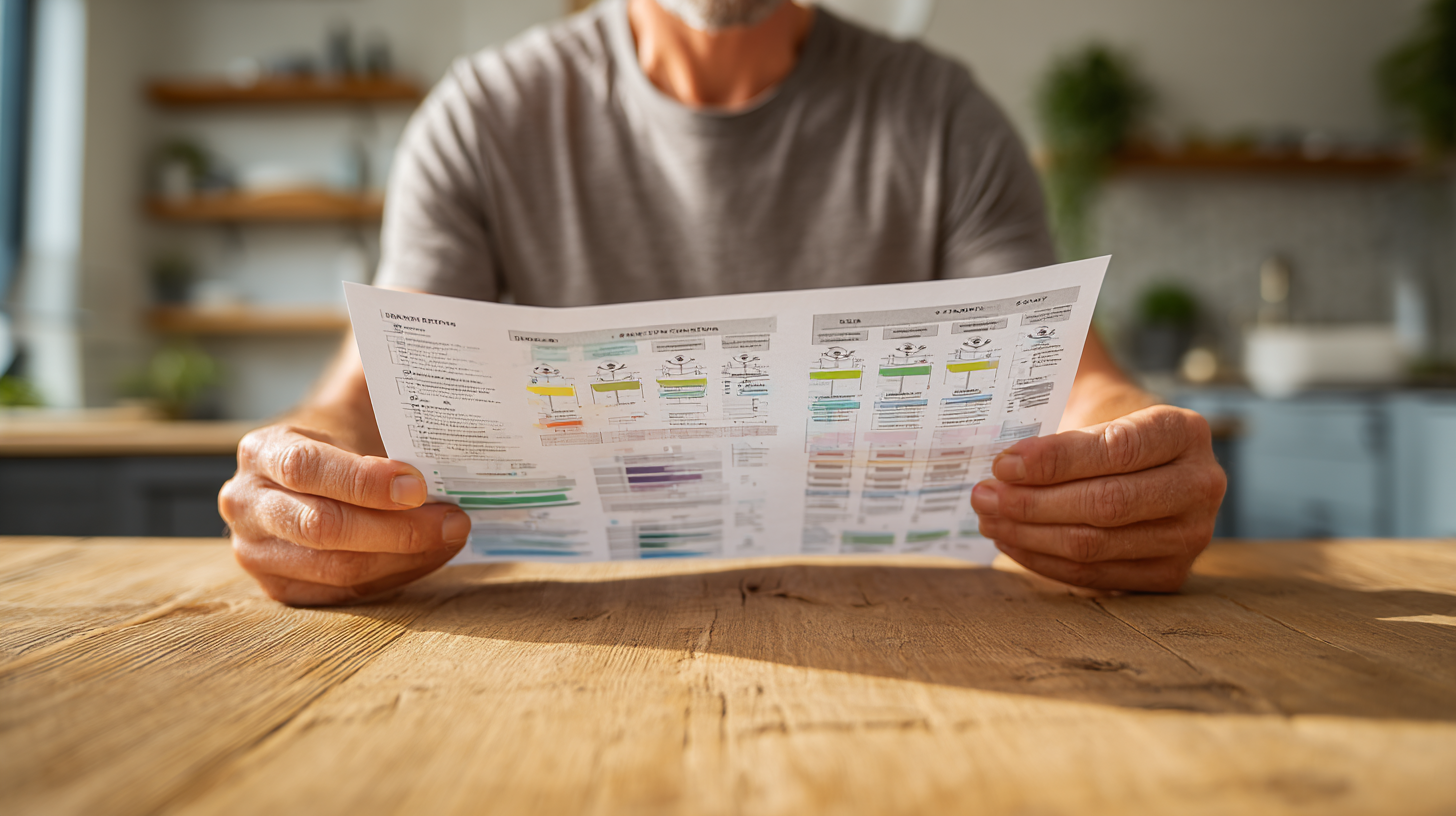 Man analyzing personalized health report at table, highlighting DNA-based wellness and bio-individual strategy