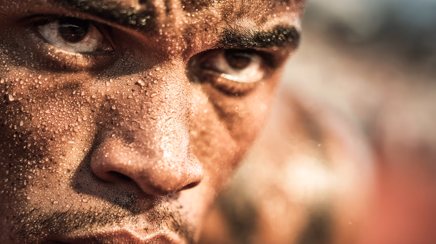 35-40 year old African American male athlete in the 'get set' starting position on a track, close-up showing intense focus, sweat detail, and warm daylight, representing strength, recovery, and peak performance.