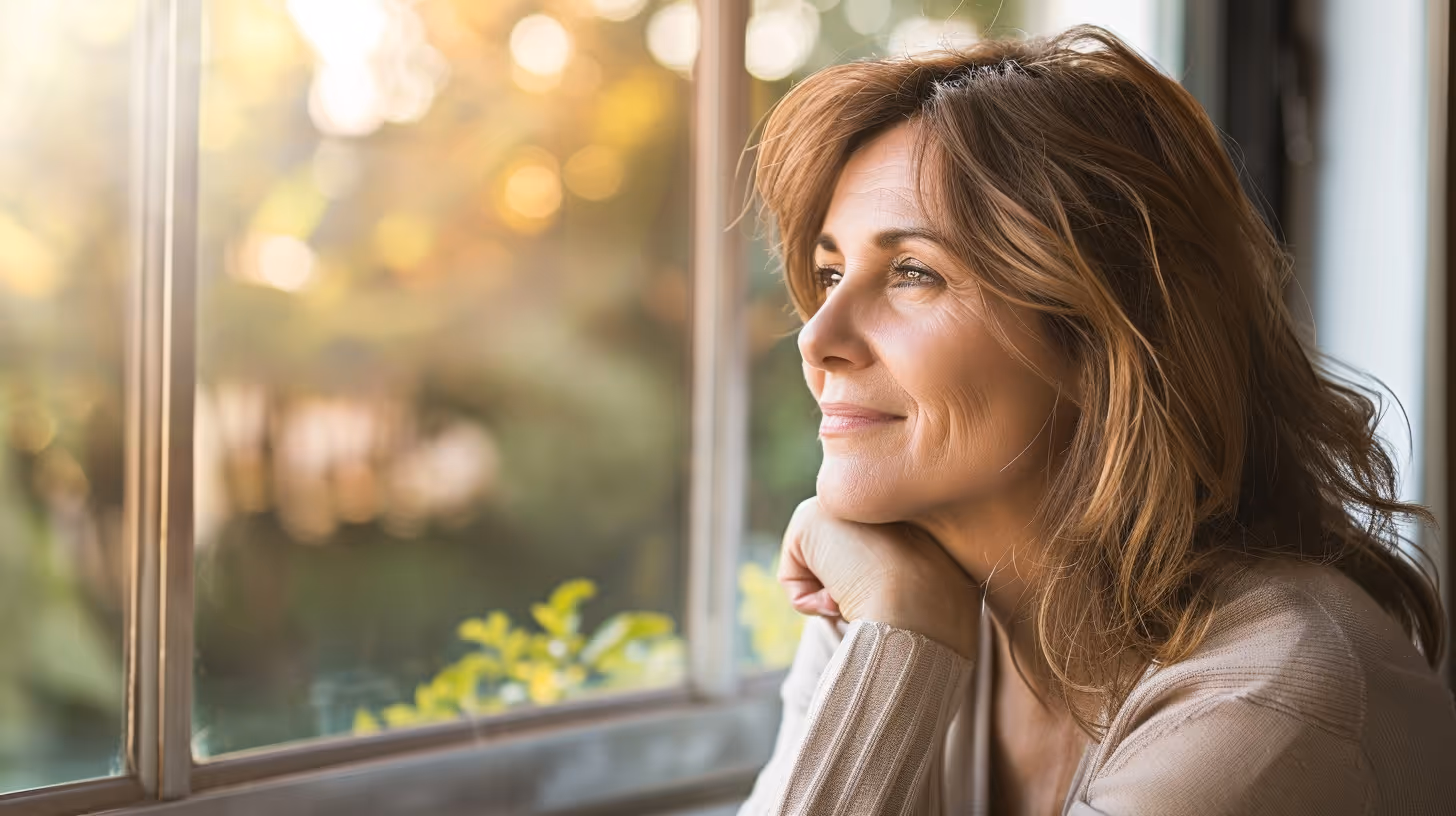 40–50 year old white woman sitting by a window in warm natural light, calm and thoughtful, symbolizing mitochondrial health, vitality, and longevity.