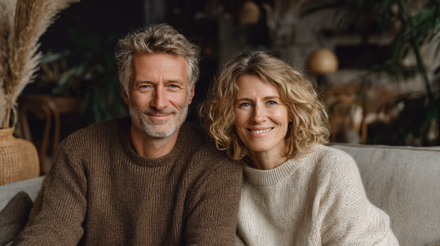 40–50 year old white couple sitting together on a sofa in warm natural light, relaxed and smiling, representing vitality, resilience, and breaking the cycle of inflammation and aging.