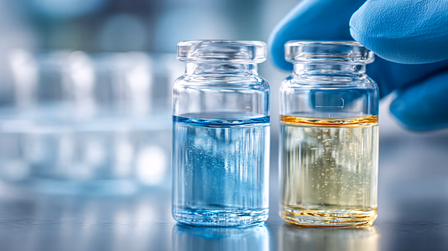 Close-up of two vials with blue and yellow liquid held by a gloved hand in a modern lab, symbolizing synergy and precision in combination peptide therapy.