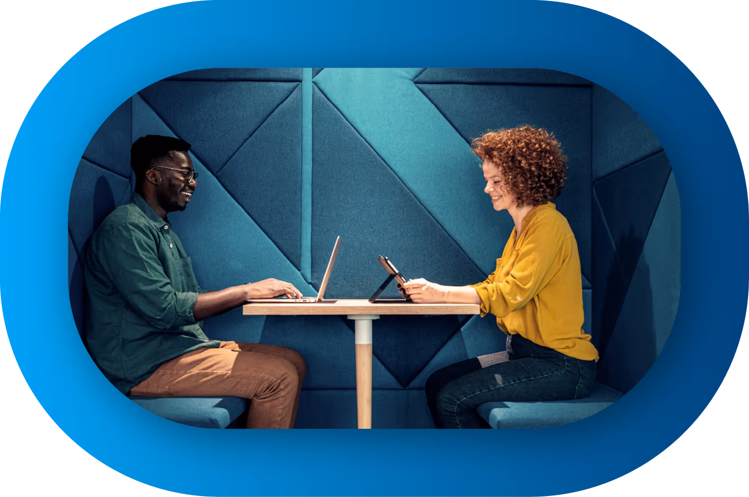 Image within a branded frame showing employees in a booth, using Apple devices