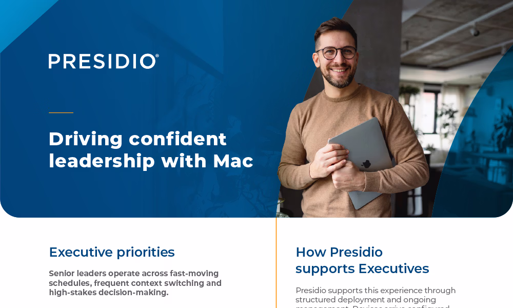 Smiling man in gray blazer working on a laptop with text about faster decision-making and leadership using Mac and Presidio.