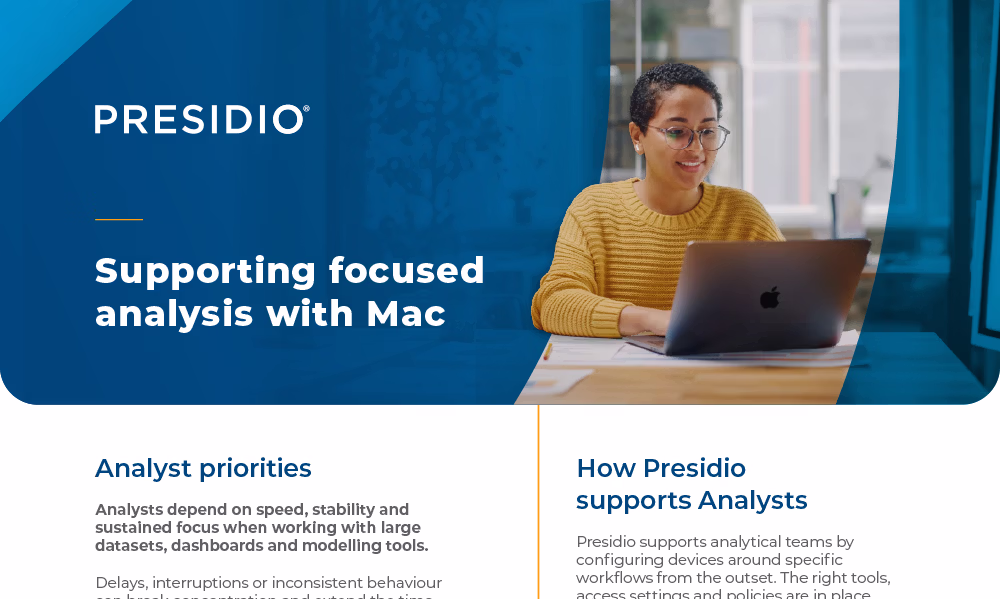 Woman wearing earphones using smartphone and laptop at a desk with text about accelerating insight generation with a high-performance Mac environment from Presidio.