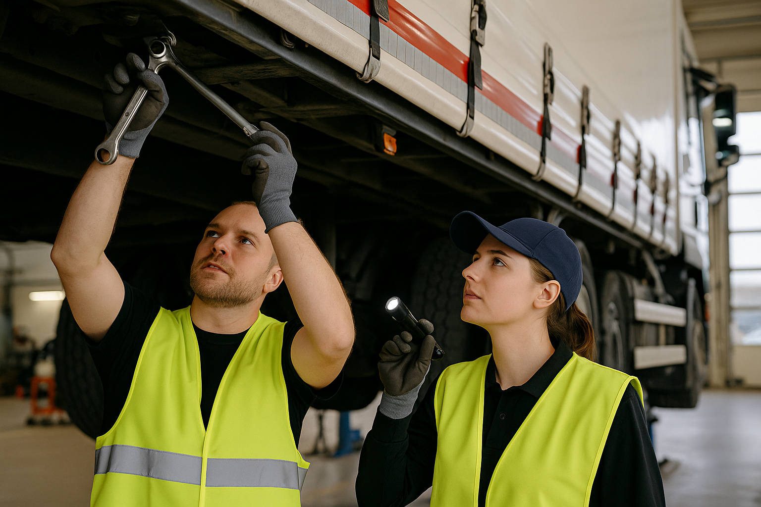 Zwei Mitarbeiter schrauben am LKW