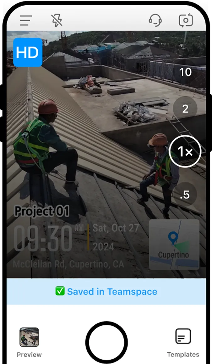 A photo with timestamp and map and displays zooming options with a blue status bar that says "Saved in Teamspace".