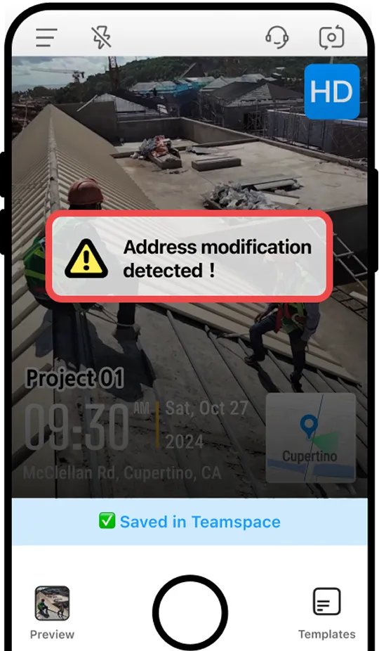 The interface of Timemark with an alert in the middle that says "Address modification detected".