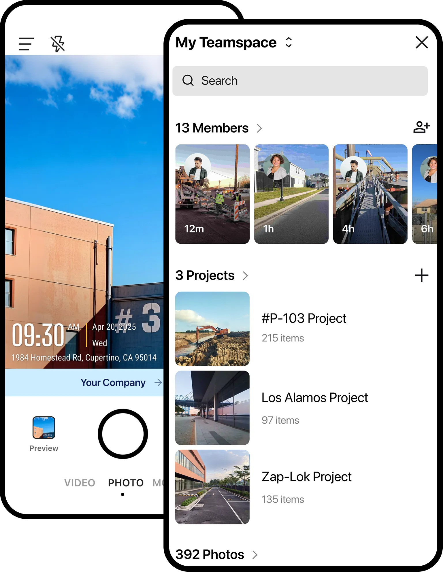 Two screens with one showing the camera interface and the other showing the photo management portal.
