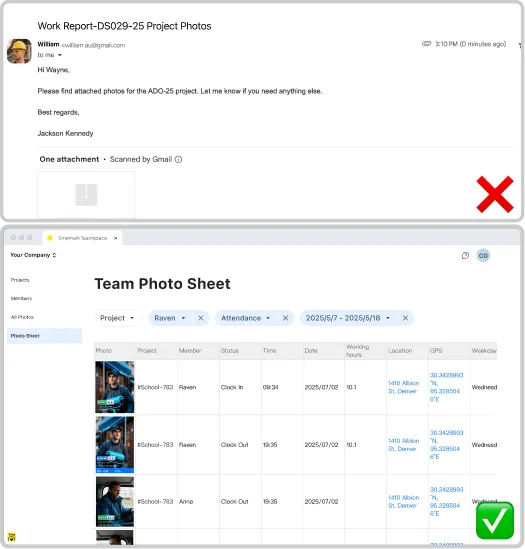Photo sheet displays photos along critical job info in an Excel format