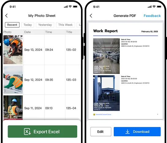 Two phone screens showing job photos in Excel and in PDF