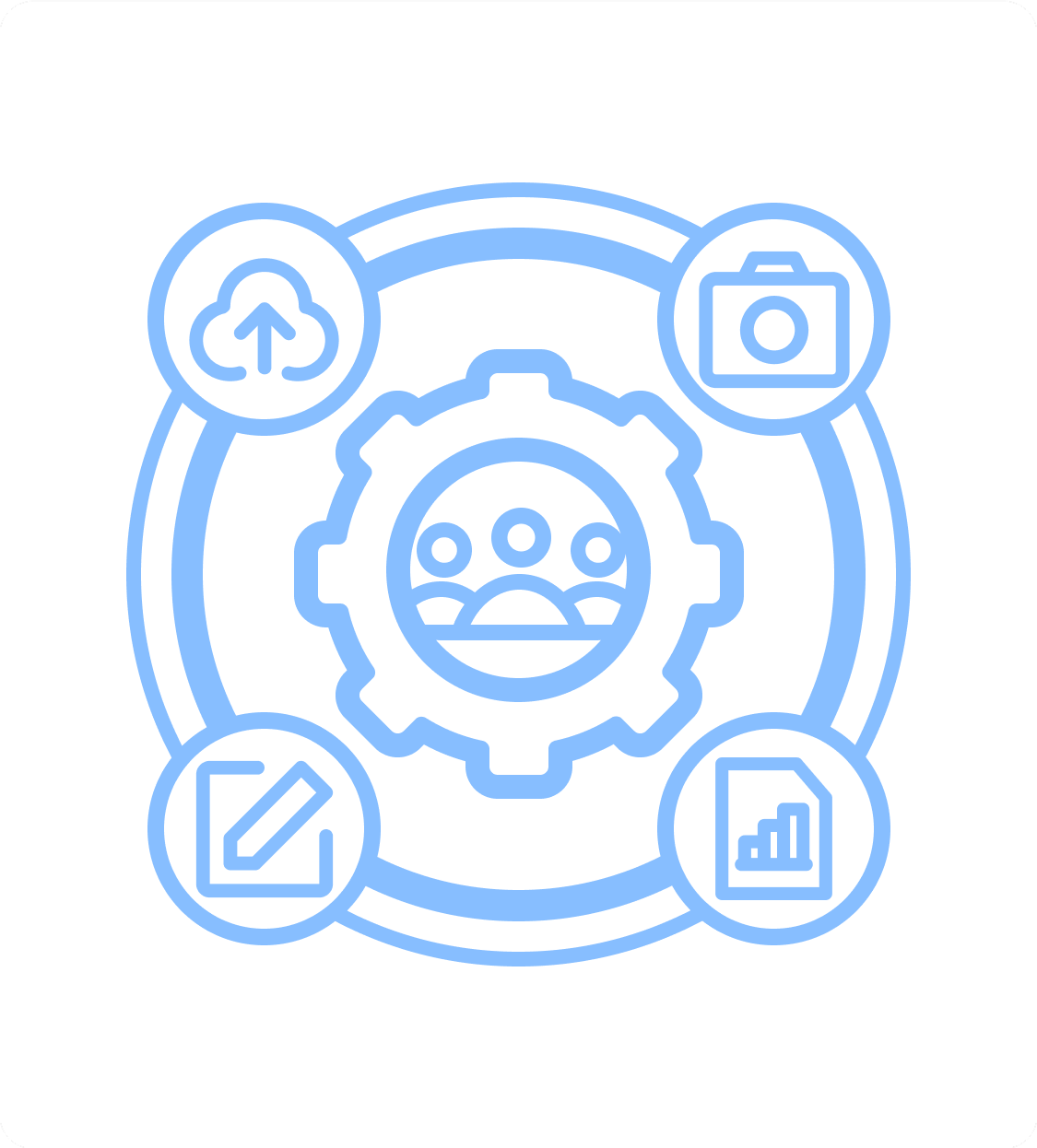 Four icons surrounding a person icon: cloud, camera, chart, pencil.