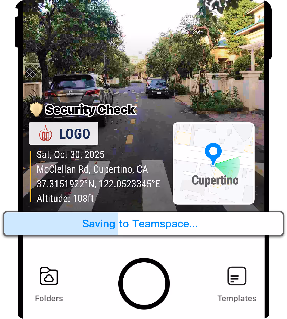 A photo with timestamp, map, and a status bar that says "Saving to Teamspace" below the stamp.