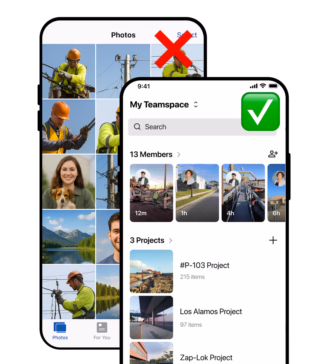 Two screens comparing the phone album where personal and work photos mix up against the Teamspace where job photos are organized by project and crew.