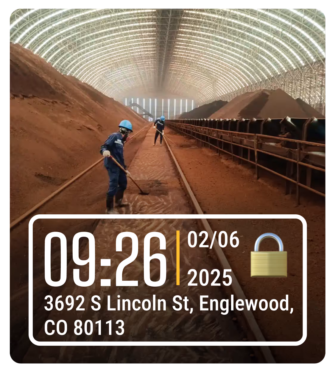 Timestamp and location with a lock image stamped on a photo of a construction worker.