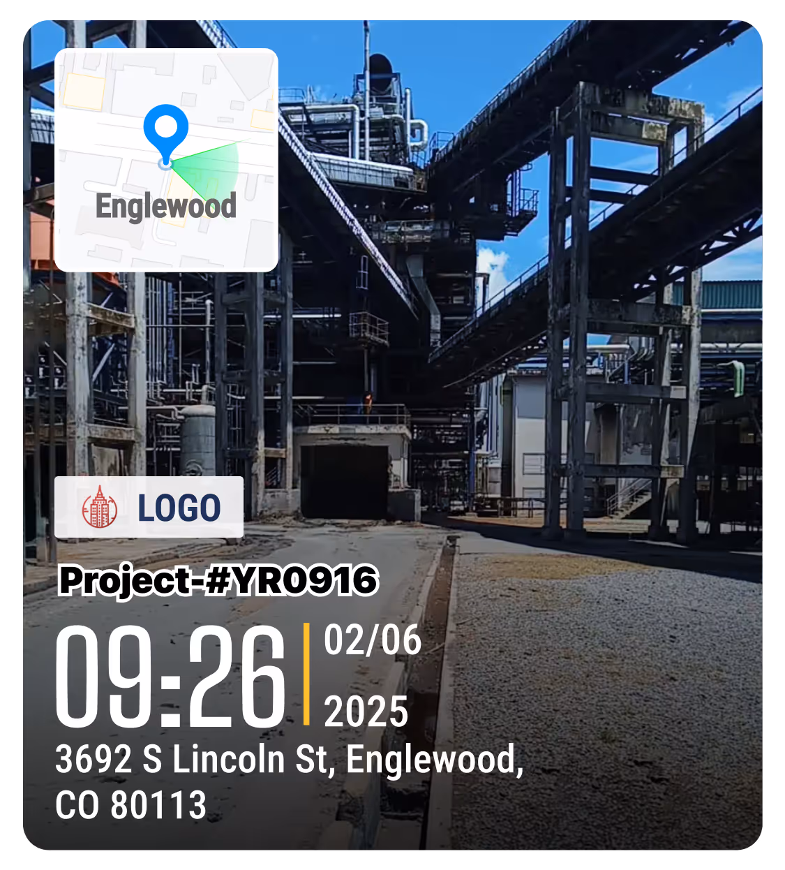 A photos with timestamp, location, map, and logo.