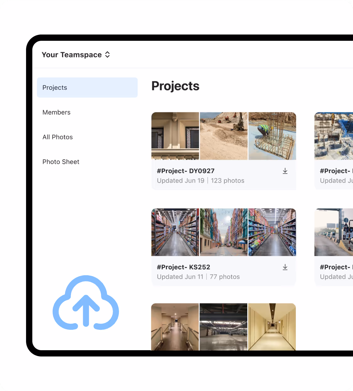 The web portal of Teamspace showing different views of job photos: Projects, Members, All photos, and Photo Sheet.