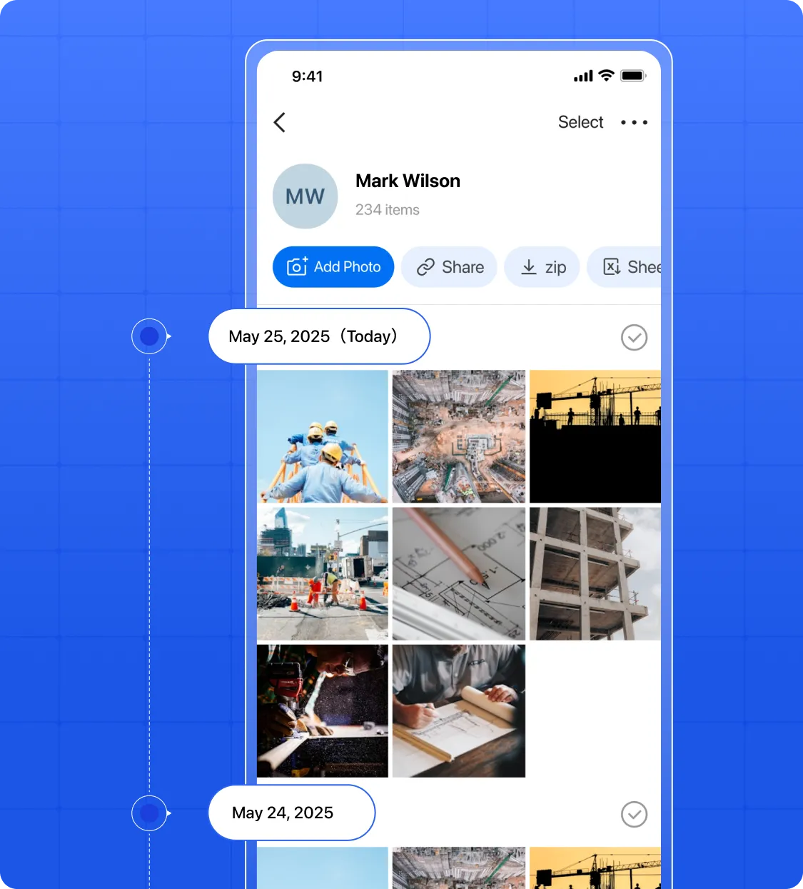 The interface of Teamspace showing that construction photos are sorted by date