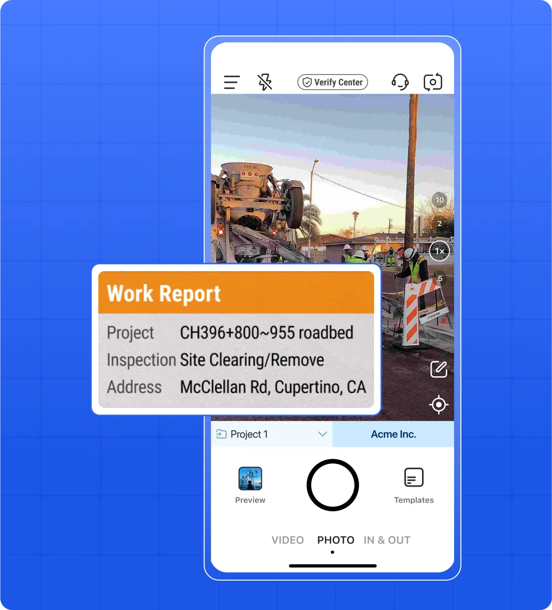 The interface of Timemark showing a construction photo with timestamp, GPS, and notes.
