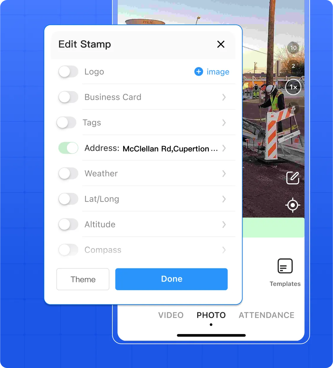 The data fields inside the ‘Edit Template’ with the Address field toggled on; all other fields are toggled off including Logo, Business Card, Tags, Weather, Lat/Long, Altitude, and Compass.