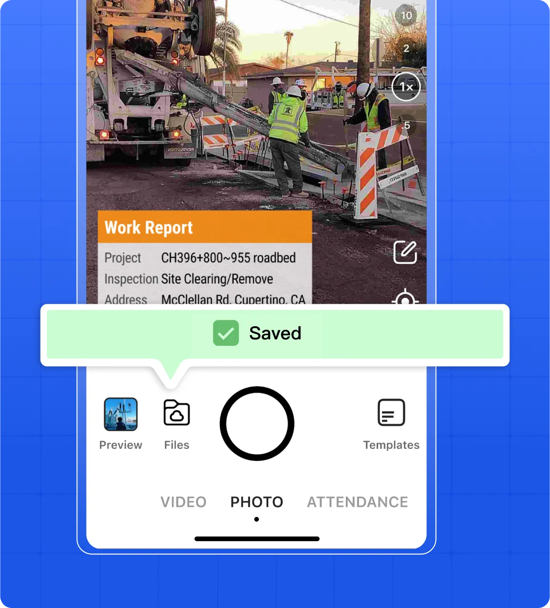 The interface of Timemark with a timestamped photo. The sync status bar shows “Saved”. 