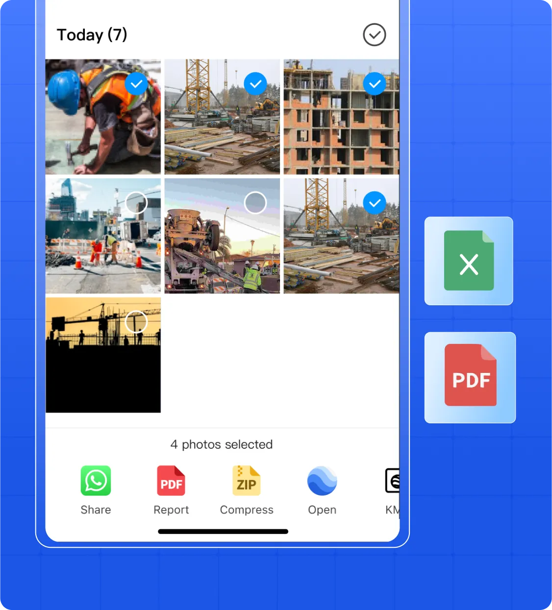 A photo gallery that has a few photos selected; on the right hand side shows the options to export to Excel or PDF; at the bottom shows the options to share to WhatsApp, export as PDF / ZIP / KMZ.