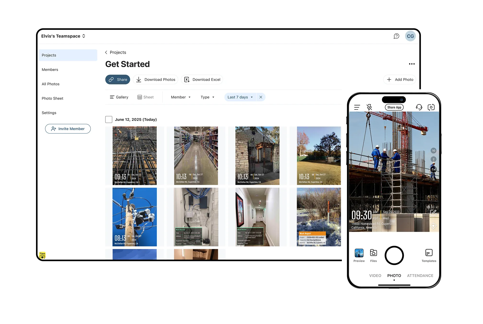 The interface of Teamspace showing some jobsite photos; on the right side is a screen showing the interface of Timemark with a timestamped photo on it.