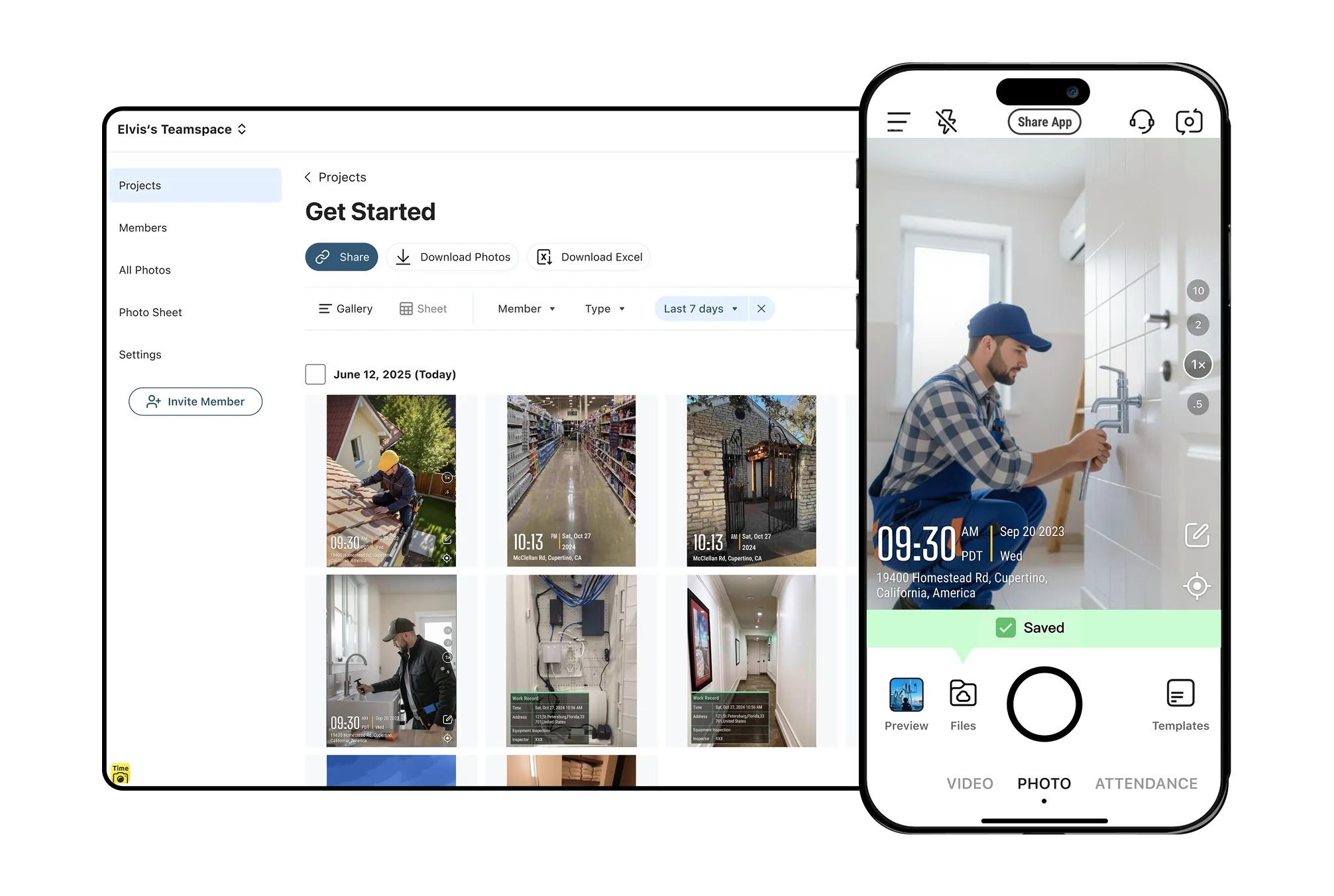 The interface of Teamspace showing some jobsite photos; on the right side is a screen showing the interface of Timemark with a timestamped photo on it.