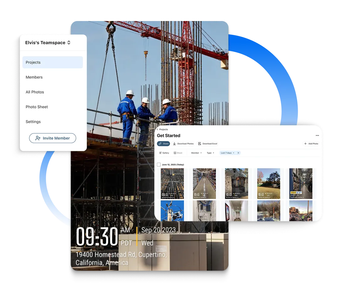 A timestamped photo that has an interface of a photo gallery overlaid and different view options: Projects, Members, All Photos, and Photo Sheet. 
