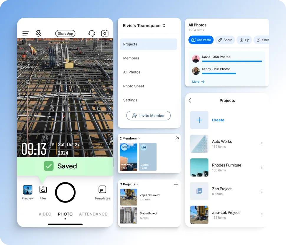 The interface of Timemark with a timestamped photo; next to it are different view options: Projects, Members, All Photos, and Photo Sheet. 