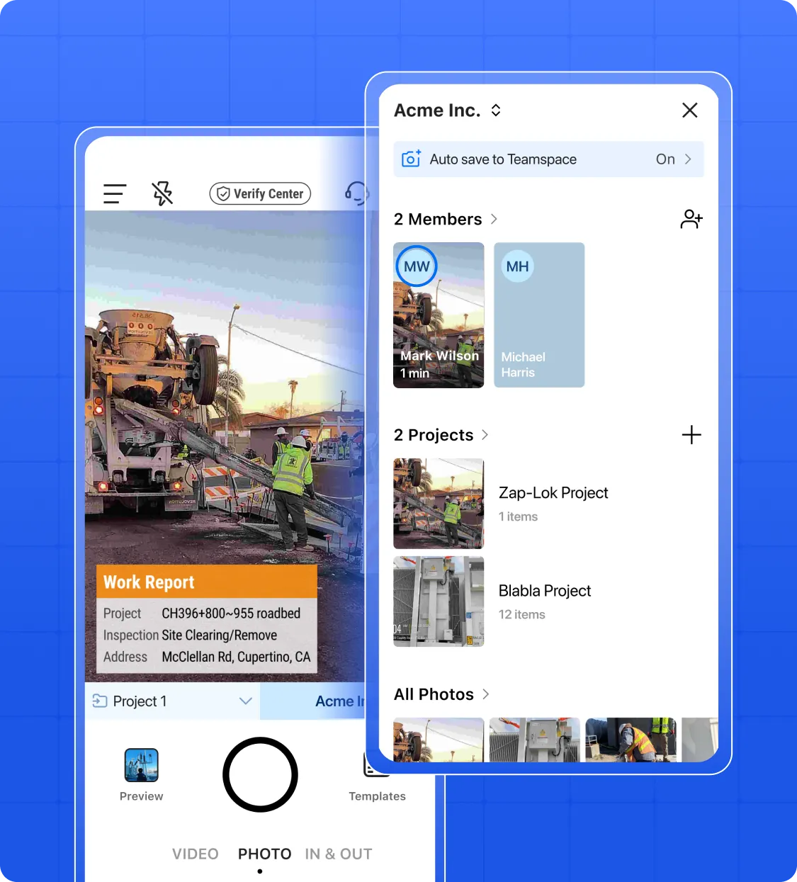 One screen showing a picture with timestamp, GPS, and notes; the other screen showing construction photos sorted by member and project.