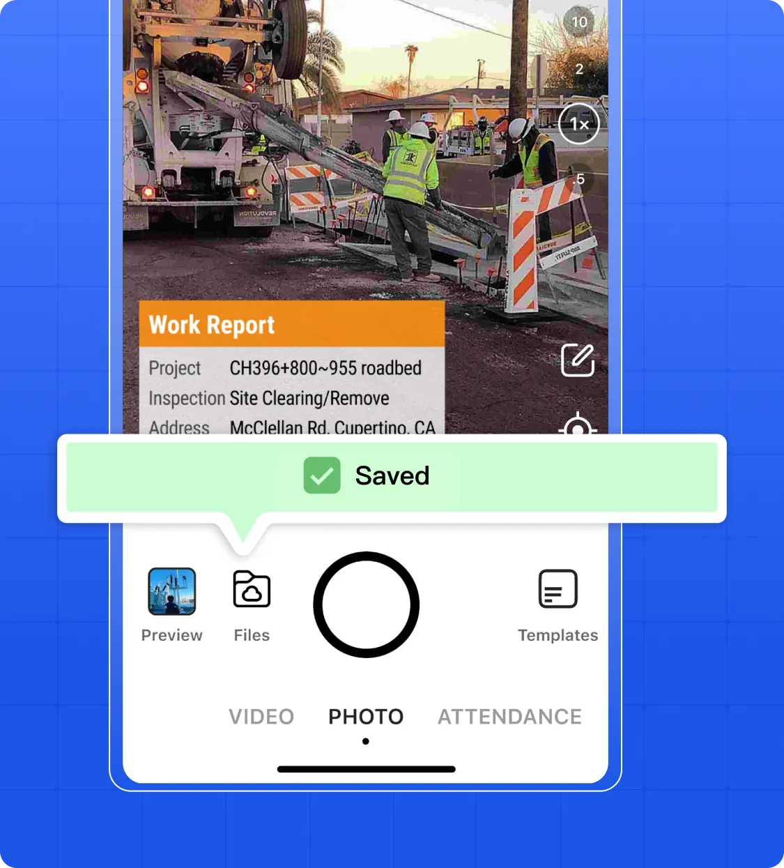The interface of Timemark with a timestamped photo. The sync status bar shows “Saved”.