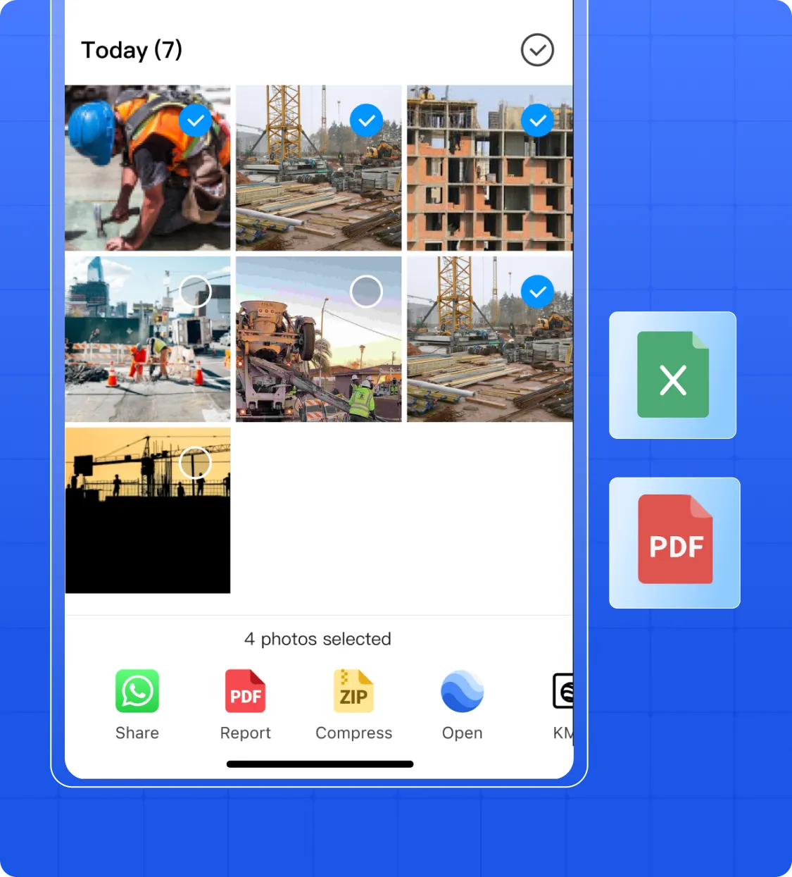 A photo gallery that has a few photos selected; on the right hand side shows the options to export to Excel or PDF; at the bottom shows the options to share to WhatsApp, export as PDF / ZIP / KMZ.
