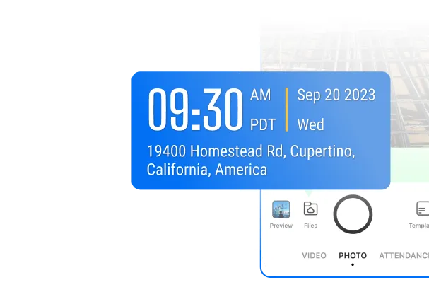 The interface of Timemark with a timestamped photo. The sync status bar shows “Saved”.