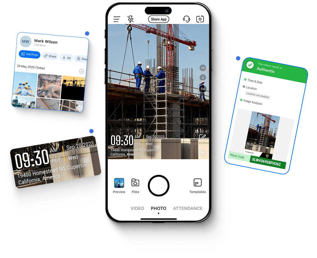 Timemark app interface showing a construction site photo with timestamp (09:30 AM, Sep 20 2023, 19400 Homestead Rd, Cupertino, California, America), options like "Preview", "Files", "Templates", a photo gallery of Mark Wilson (234 items, dated 25 May 2025), and an authenticity check result stating "The check result is Authentic" with details on time & date, location (location not enabled), image analysis, and a photo code.