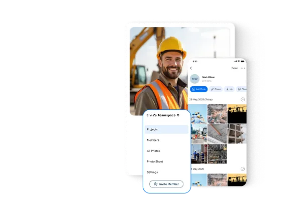 Interface showing "Elvis's Teamspace" menu with options like "Projects", "Members", "All Photos", "Photo Sheet", "Settings", and a photo gallery of construction scenes.