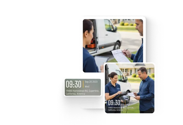 Photos of delivery interactions with timestamp (09:30, Sep 20 2023, Wed, 19400 Homestead Rd, Cupertino, California, America).