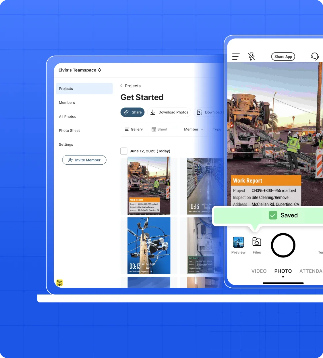 Interface showing "Elvis's Teamspace" with project management features, including a gallery of photos and a mobile phone displaying a construction site photo with a "Saved" notification.​