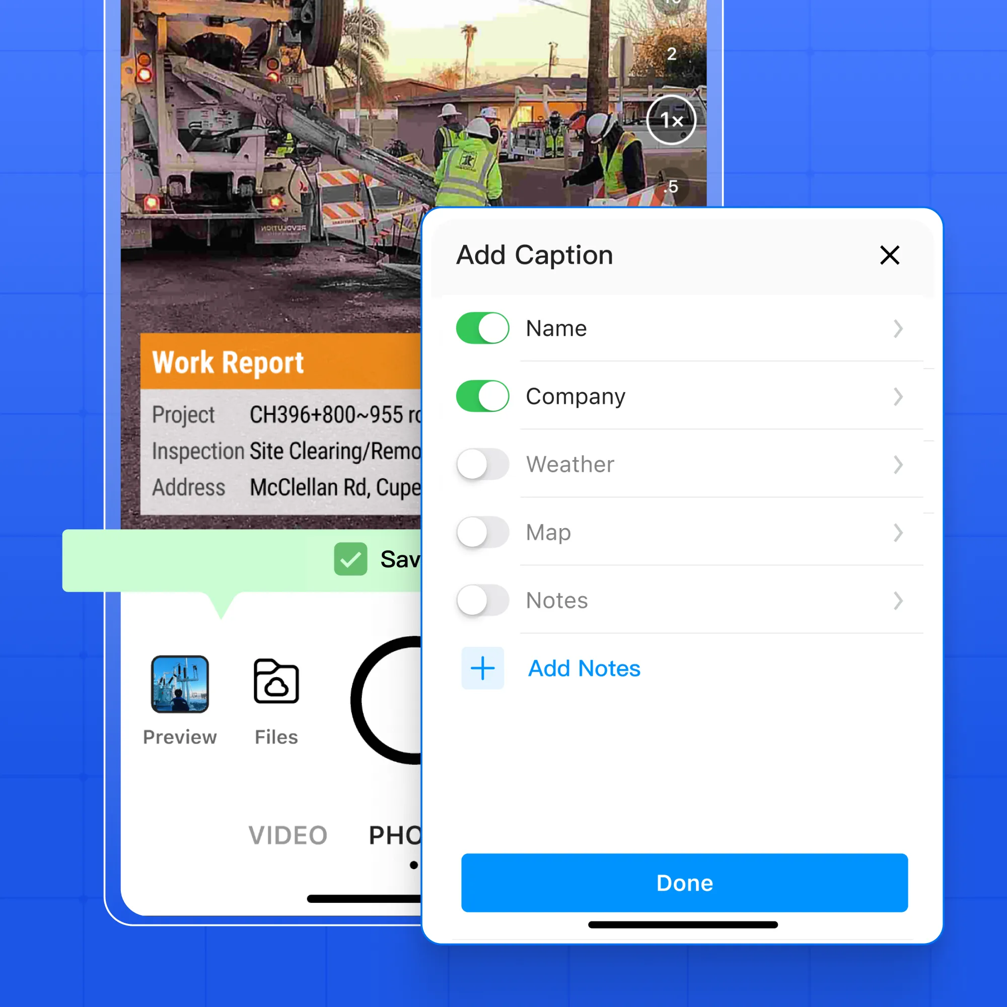 The interface of Timemark app with a timestamped photo; on top of it shows the data fields inside the ‘Edit Template’.