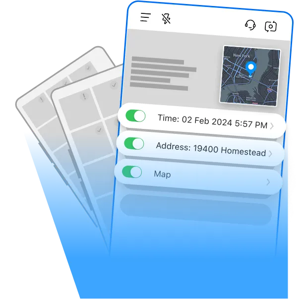 Timemark app interface with toggles for "Time: 02 Feb 2024 5:57 PM", "Address: 19400 Homestead", "Map", and a map of New York.